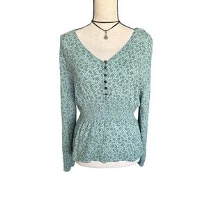 Mason & Belle Floral Peplum Top Size L Green Boho Cottagecore Long Sleeve